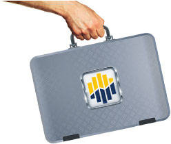 hand holding a laptop with vPortfolio logo